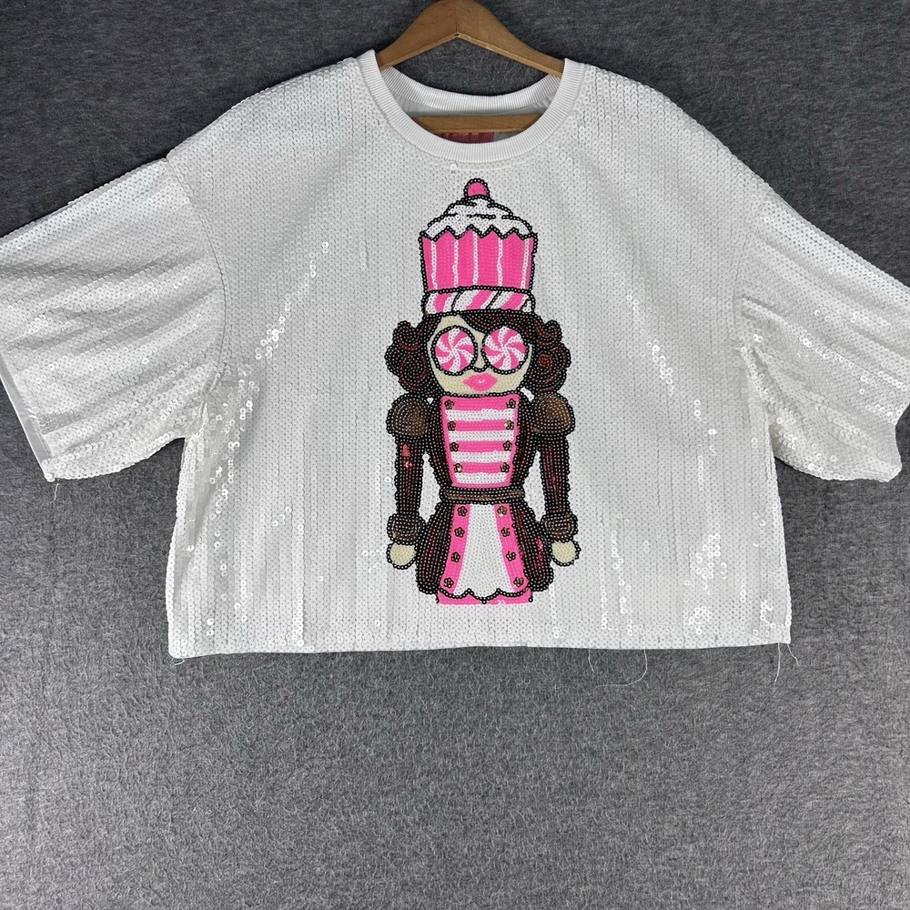 Simply Southern Nutcracker Sequin Shirt Top Tee White Crew Short Sleeve Size M